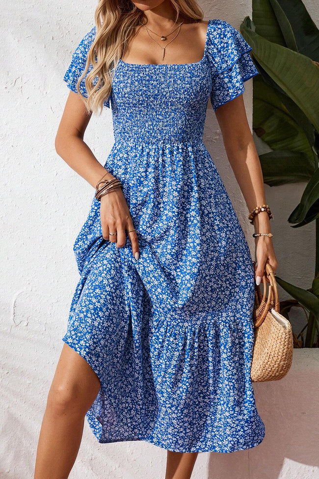 Beige Ditsy Floral Print Smocked Square Neck Ruffle Short Sleeve Dress