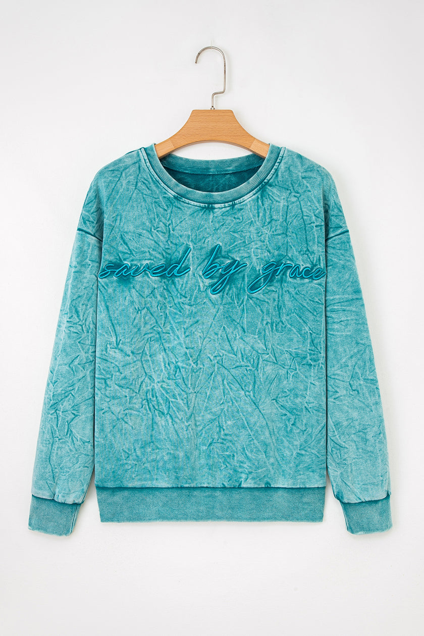 High-rise saved by grace Letter Embroidery Mineral Wash Loose Sweatshirt