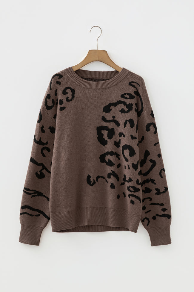 Beige Asymmetric Leopard Print Detail Drop Shoulder Sweater