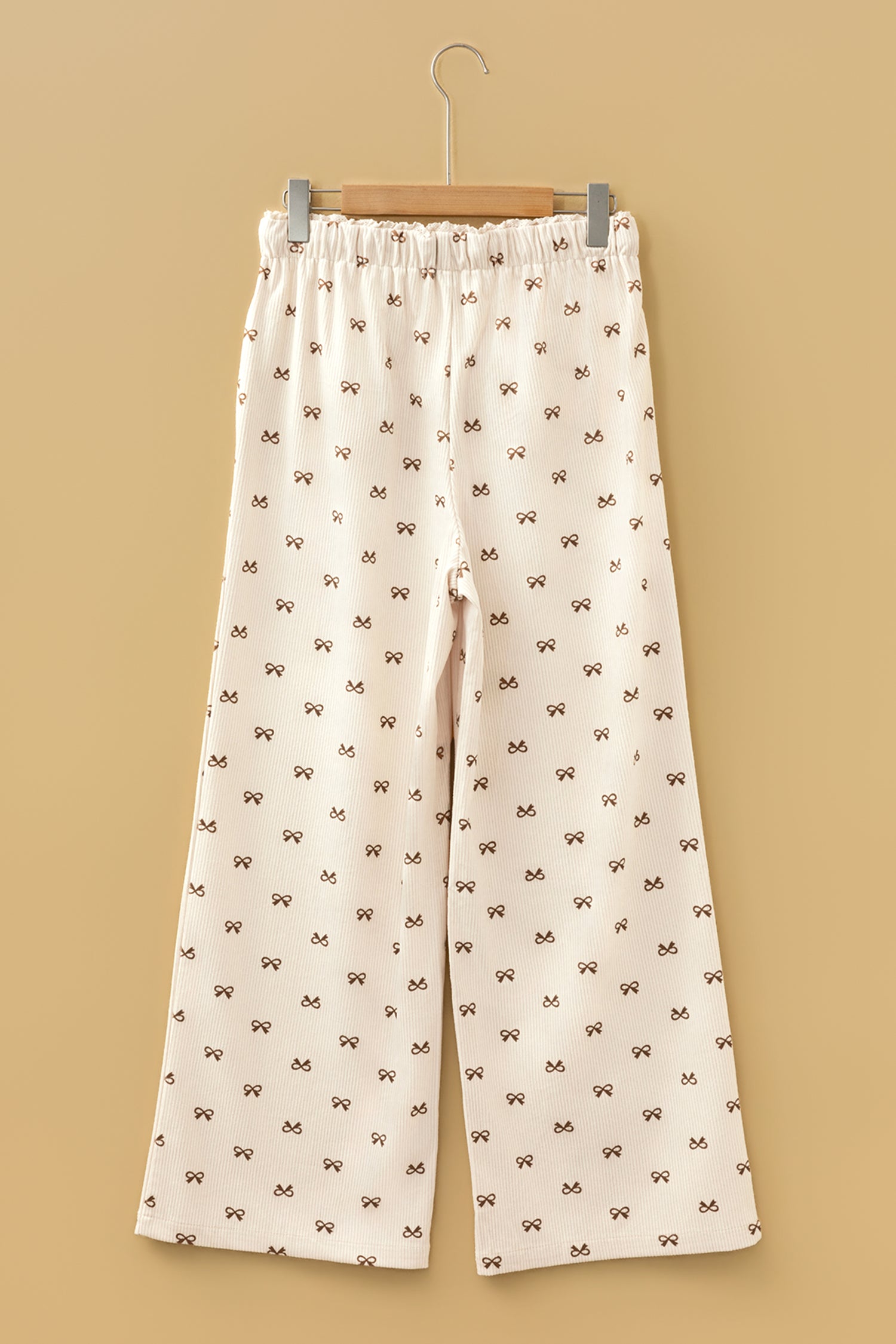 Apricot Bow Print Drawstring Elastic Waist Loose Corduroy Pants