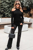 Black Ribbed Knit Cold Shoulder Choker Neck Sweater