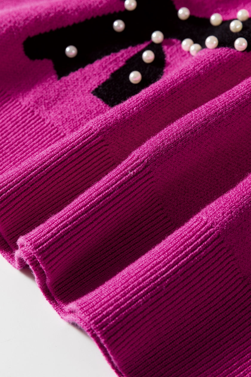 Blackish Green Pearl Embellished Bow Pattern Loose Sweater