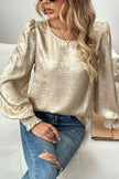 Apricot Metallic Round Neck Smocked Long Sleeve Blouse