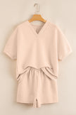 Apricot Textured V Neck T Shirt and Shorts Set