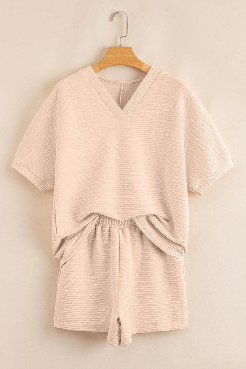 Apricot Textured V Neck T Shirt and Shorts Set