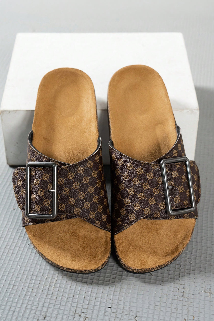 Color black Retro Geometric Print Buckle Strap Flat Slippers