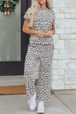 Beige Leopard Print Casual Tee and Pants 2pcs Outfit
