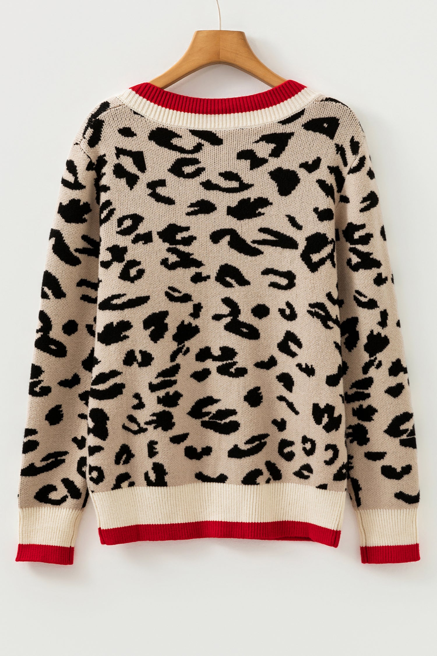 Khaki Leopard Pattern V-Neck Contrast Rib Knitted Sweater