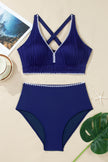Dark Blue Shell Stitched Trim V Neck Textured Mix and Match High Waist Bikinis