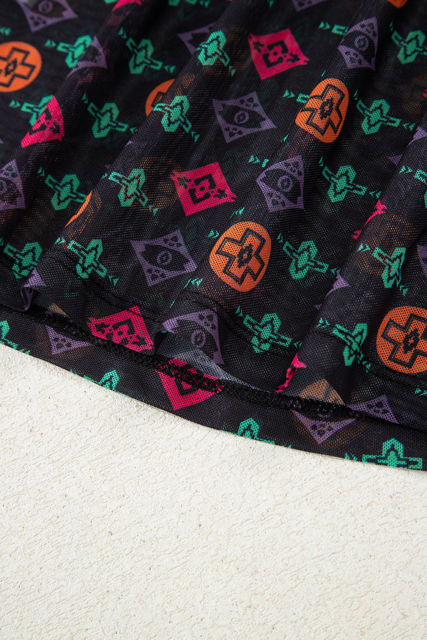 Black Western Aztec Printed Long Sleeve Mesh Top