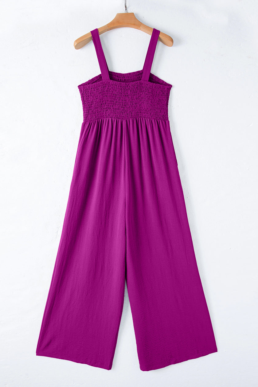 Peacock Blue Smocked Square Neck Sleeveless Jumpsuit with Pockets