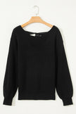 Black Ribbed Knit Ribbon Knot Backless Drop Shoulder Sweater