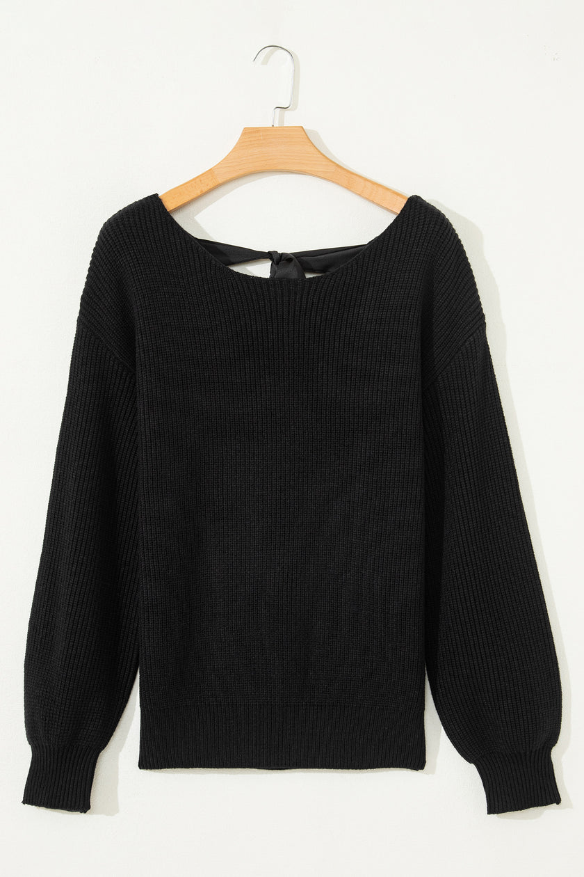 Black Ribbed Knit Ribbon Knot Backless Drop Shoulder Sweater