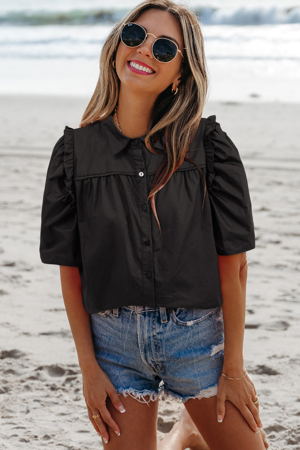 Black Frilly Puff Sleeve Stylish Collared Shirt