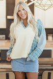 Beige Floral Striped Drop Sleeve Collared Boxy Fit Sweatshirt