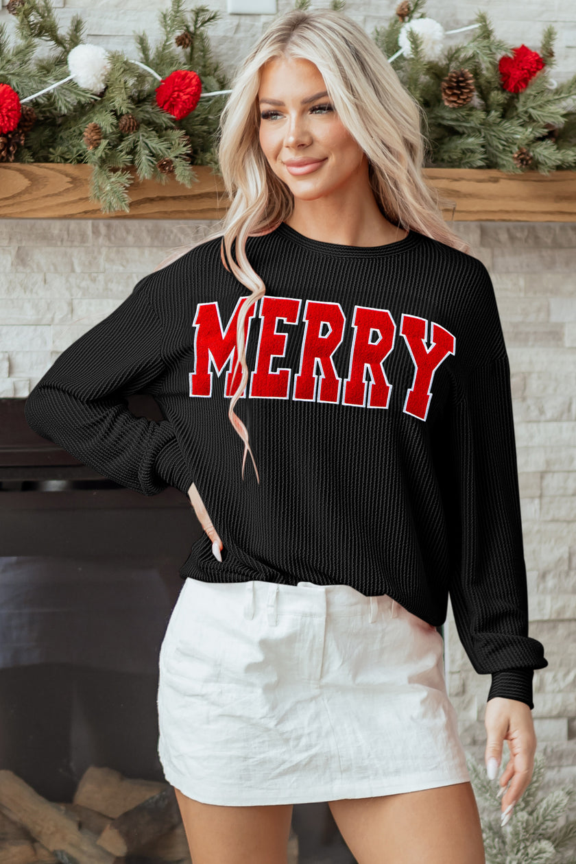 Blackish Green Twisted Rib Outlined Merry Letter Graphic Loose Long Sleeve Top