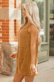 Black Corduroy Sleeveless Mini Dress With Patched Pockets