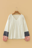 Beige Floral Patchwork Textured Knit Drawstring V Neck Blouse