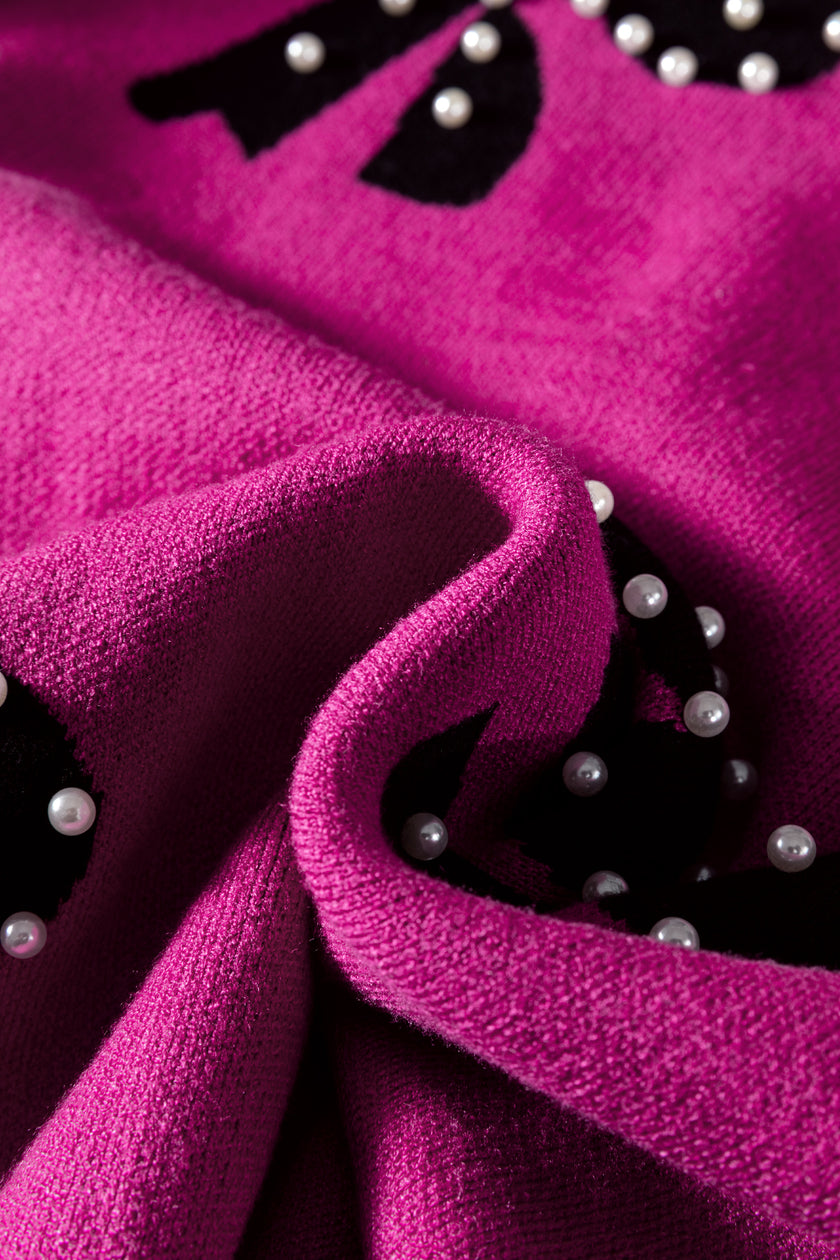 Blackish Green Pearl Embellished Bow Pattern Loose Sweater