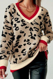 Khaki Leopard Pattern V-Neck Contrast Rib Knitted Sweater