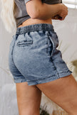 Black Drawstring Elastic Waistband Pocketed Denim Shorts