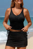 Burgundy Ribbed Knit Crossed Detail Tank Skort 2pcs Swimsuit