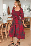 Green Tartan Plaid Square Neck Puff Sleeve Knot Waist Flared Midi Dress