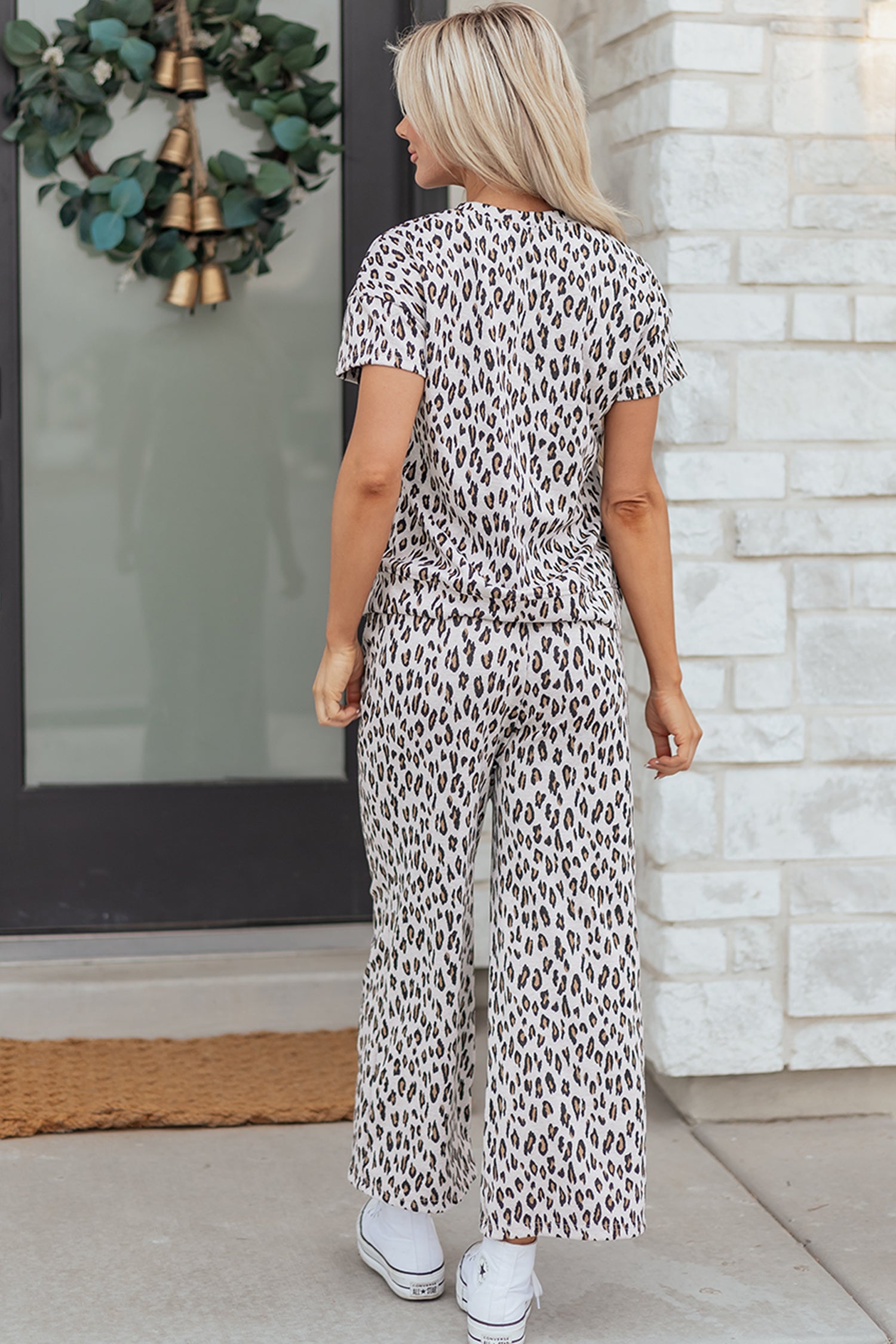Beige Leopard Print Casual Tee and Pants 2pcs Outfit