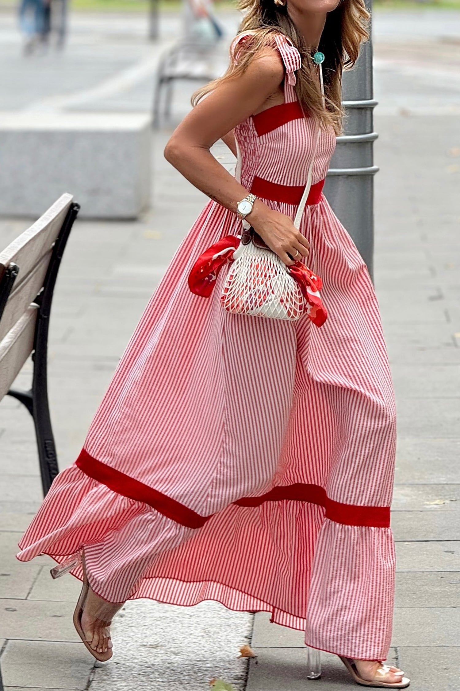 Red Stripe Bow Knot Straps Contrast Trim High Waist Ruffle Hem Maxi Dress