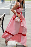Red Stripe Bow Knot Straps Contrast Trim High Waist Ruffle Hem Maxi Dress