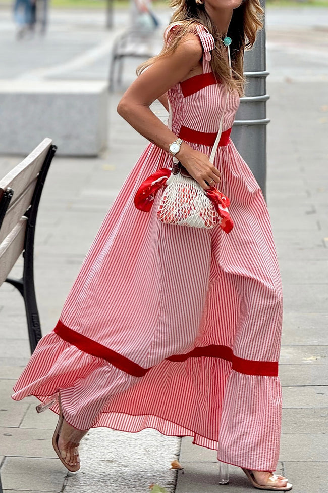 Red Stripe Bow Knot Straps Contrast Trim High Waist Ruffle Hem Maxi Dress