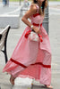 Red Stripe Bow Knot Straps Contrast Trim High Waist Ruffle Hem Maxi Dress