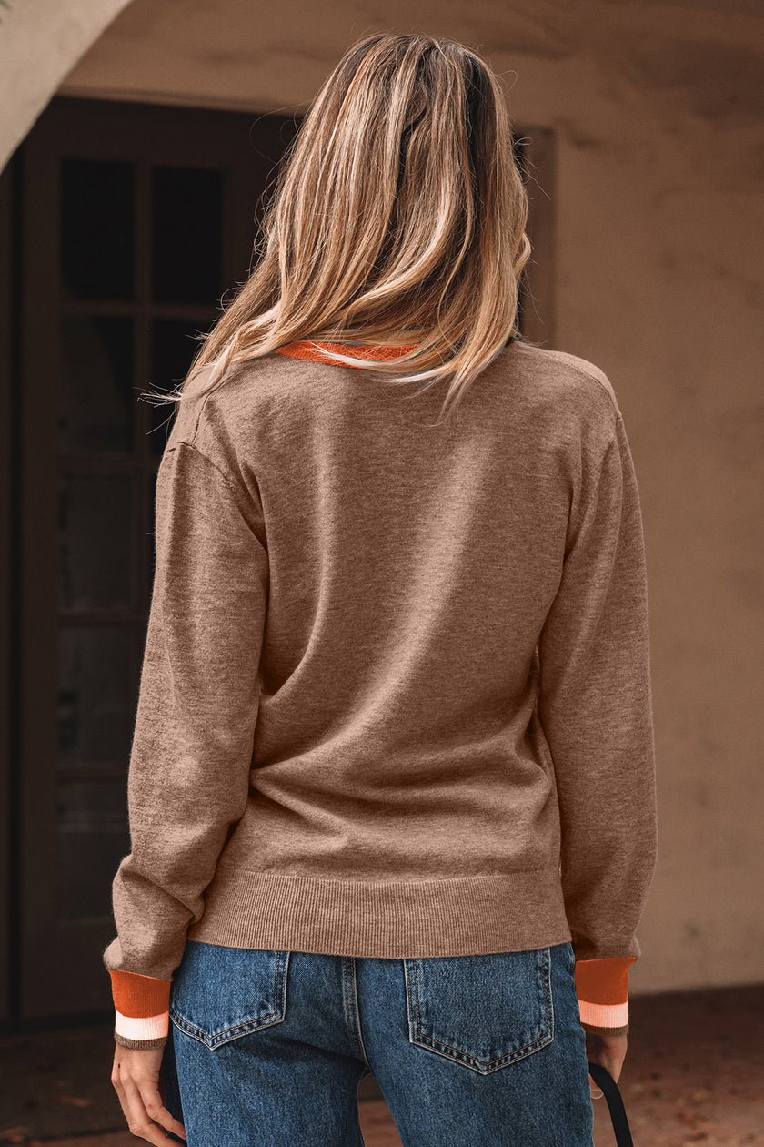 Black Contrast Striped Trim V Neck Varsity Sweater