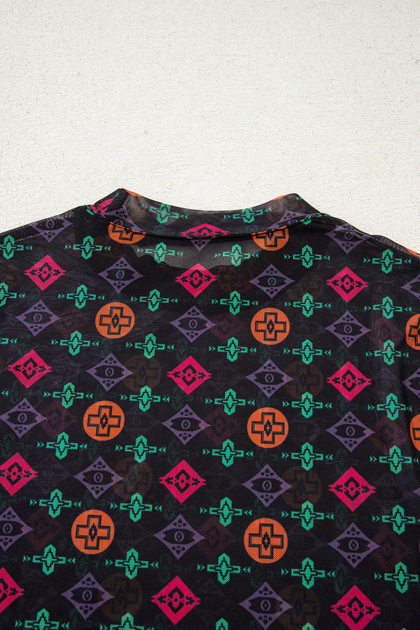 Black Western Aztec Printed Long Sleeve Mesh Top