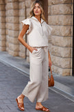 Apricot Textured Ruffled Sleeve Zipped Top and Wide Leg Pants Set