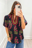 Black Floral Short Bubble Sleeve Contrast Slit Neckline Blouse
