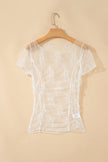 White Exposed Seam Ruched Sheer Floral Mesh Top