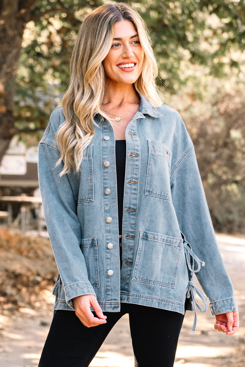 Beau Blue Multi Patched Pockets Side Tie up Boyfriend Style Denim Jacket