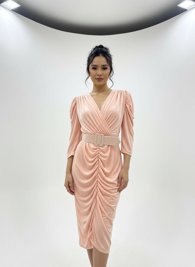 Draped Wrap Midi Dress with Belt – Blush Pink