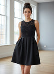Black Lace Bodice Skater Dress with Keyhole Back | Little Black Dress