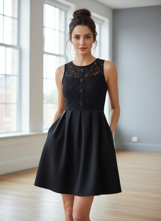 Black Lace Bodice Skater Dress with Keyhole Back | Little Black Dress