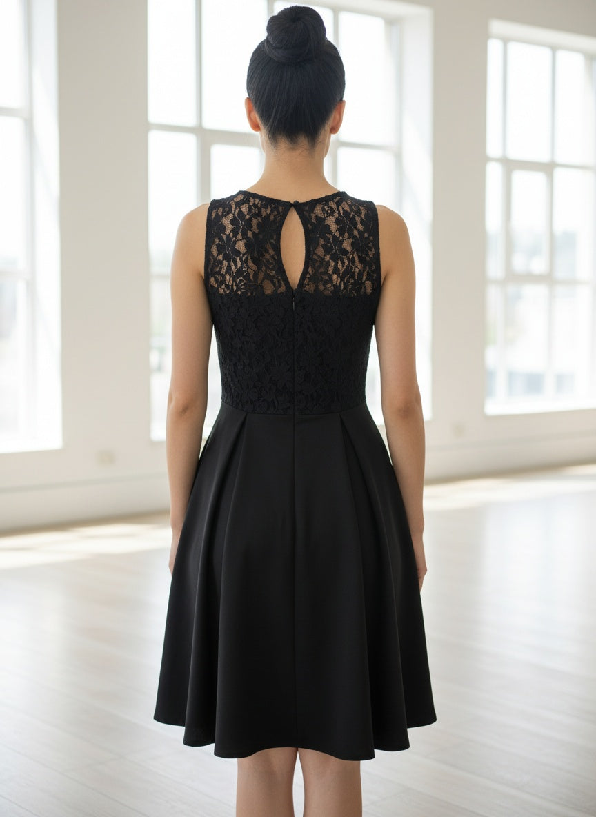 Black Lace Bodice Skater Dress with Keyhole Back | Little Black Dress