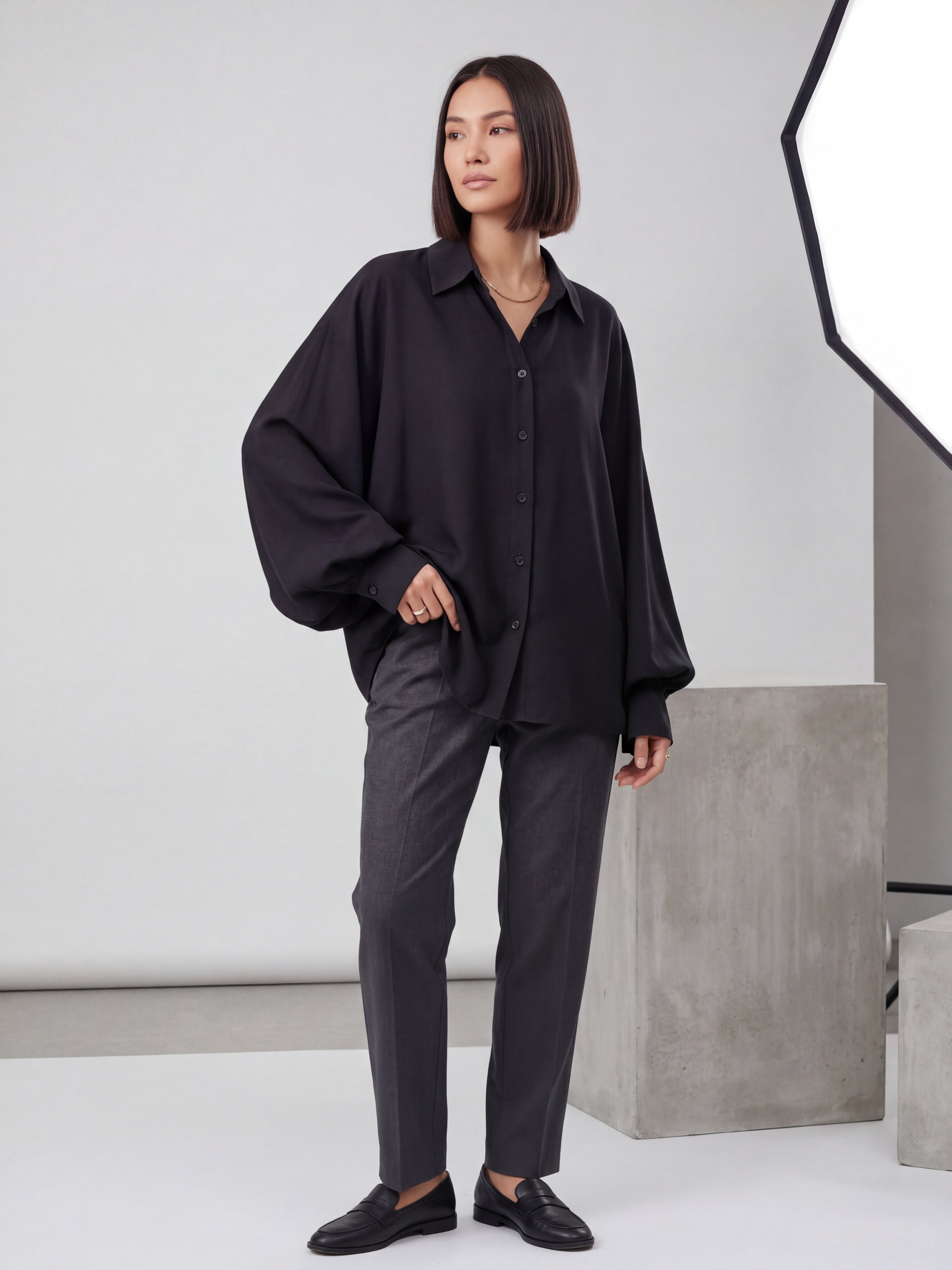 Black Oversized Balloon Sleeve Satin Shirt | Luxury Minimalist Blouse