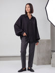 Black Oversized Balloon Sleeve Satin Shirt | Luxury Minimalist Blouse