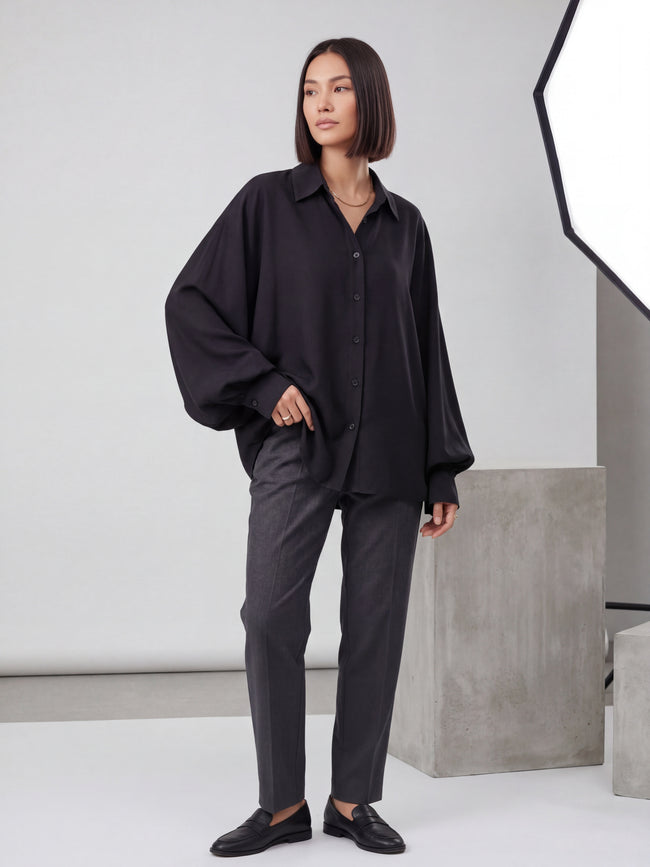 Black Oversized Balloon Sleeve Satin Shirt | Luxury Minimalist Blouse