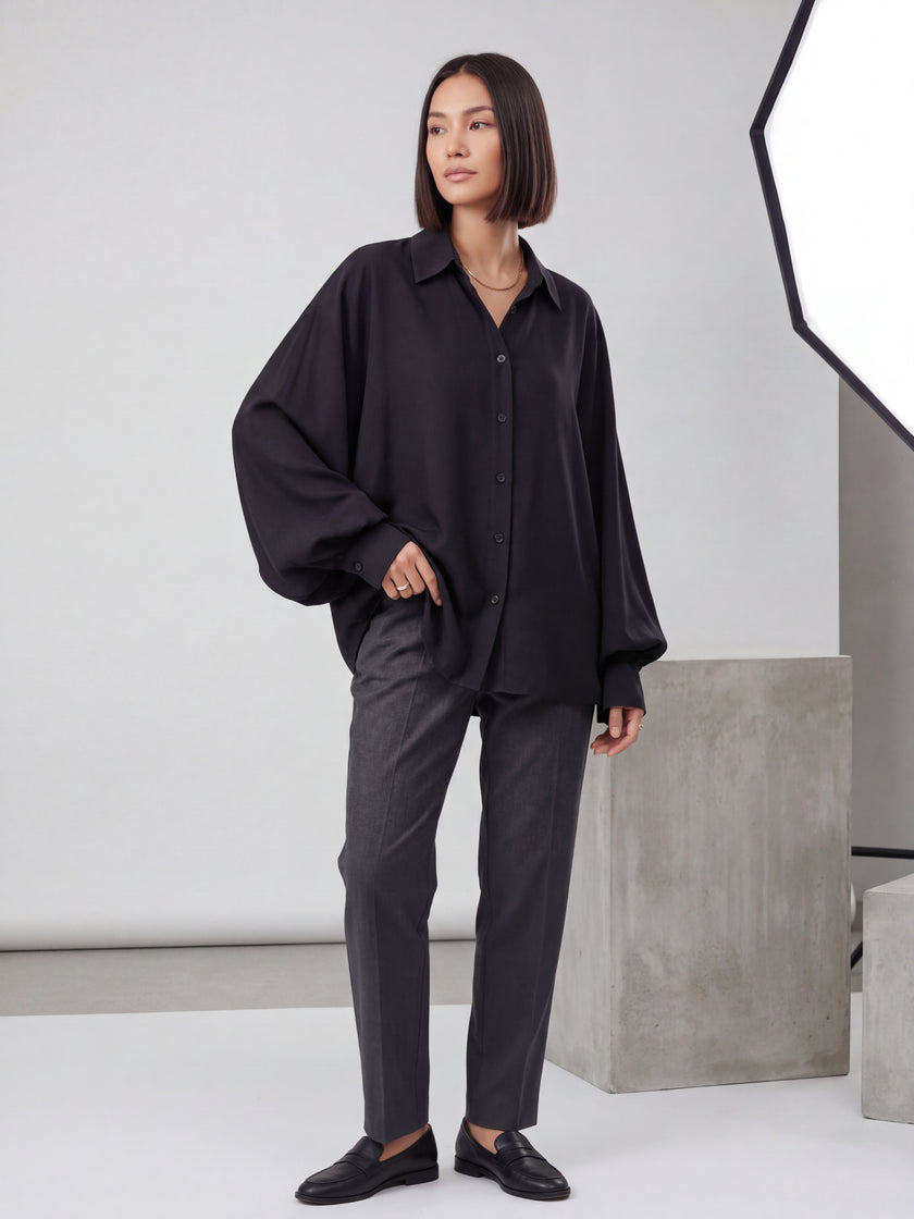 Black Oversized Balloon Sleeve Satin Shirt | Luxury Minimalist Blouse
