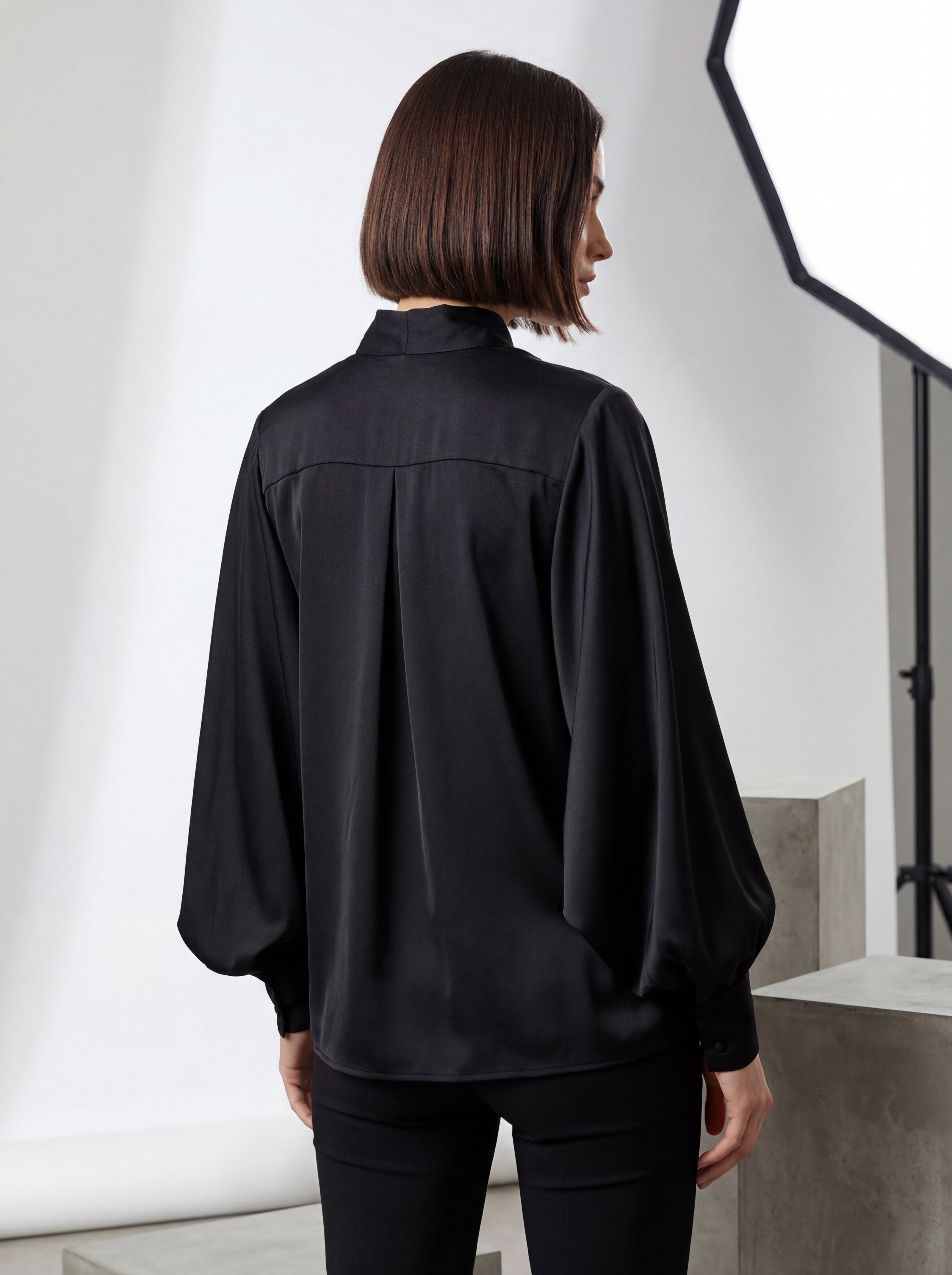 Black Oversized Balloon Sleeve Satin Shirt | Luxury Minimalist Blouse