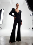 Black Puff Sleeve Sweetheart Flared Jumpsuit | Elegant Long Sleeve Evening Jumpsuit