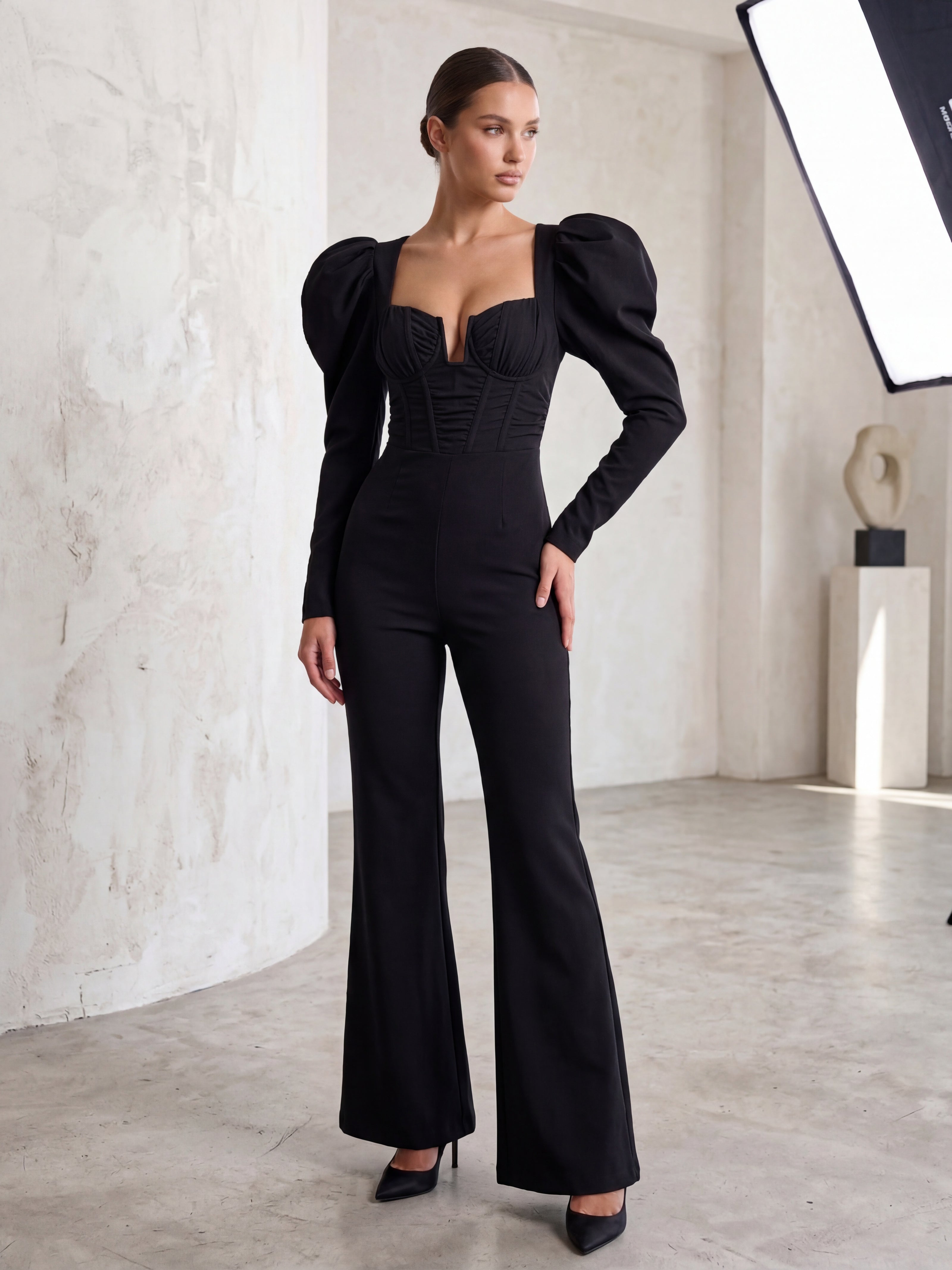 Black Puff Sleeve Sweetheart Flared Jumpsuit | Elegant Long Sleeve Evening Jumpsuit