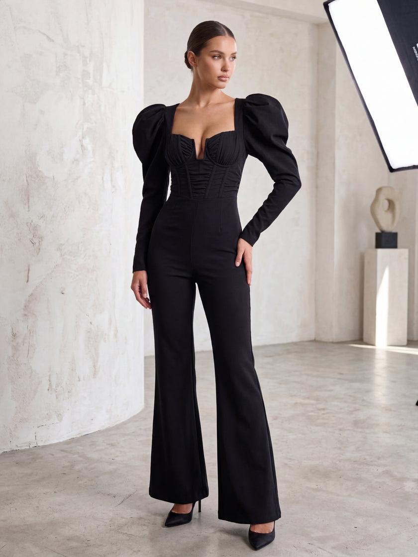 Black Puff Sleeve Sweetheart Flared Jumpsuit | Elegant Long Sleeve Evening Jumpsuit